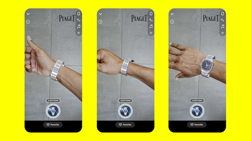 Snapchat new e-commerce offering for 'wrist-tracking', showcasing a Piaget watch through AR technology.